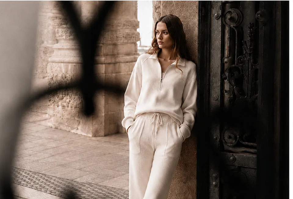 A Pepper & Mint London collection look in a stone architectural setting